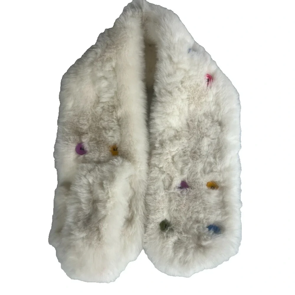 Kids Faux Fur Decorative Button Scarf White